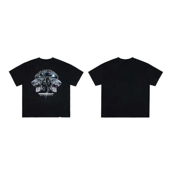 

2023 new men's and women's t shirt fashion design brand present'srepeat ox head terrier wash used wolf head tooth round neck, White;black