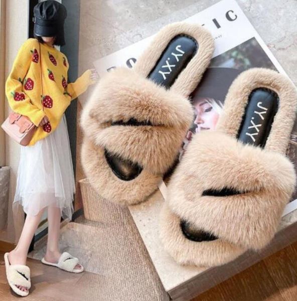 

women fashion warm fluffy slippers cozy faux fur cross indoor floor slides flat soft furry ladies female celebrities flip flops, Black