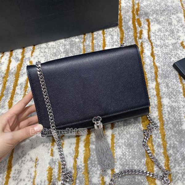 

7a quality designer bags womens black calfskin caviar genuine leather chain shoulder crossbody kate20cm tassel bag with origin2702