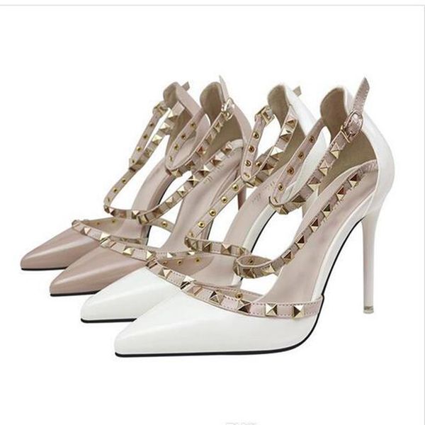 

-designer pointed toe 2-strap with studs high heels patent leather rivets sandals women shoes valentine high heel shoes2860, Black