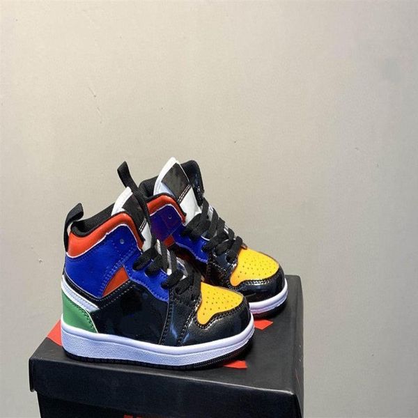

leather black orange green blue red kids ajs 1 mid se sneaker multi patent basketball sneaker 24-35 boys girls casual board shoes2436