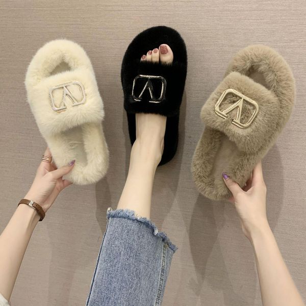 

champi women plush flip flops autumn winter warm outdoor slippers thick platform non-slip casual flat slides warm fur home shoes 42, Black