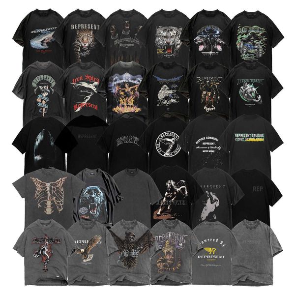 

2023 new men's and women's t shirt fashion design brand present repre repvintage wash used doberman shark print short sleeve, White;black