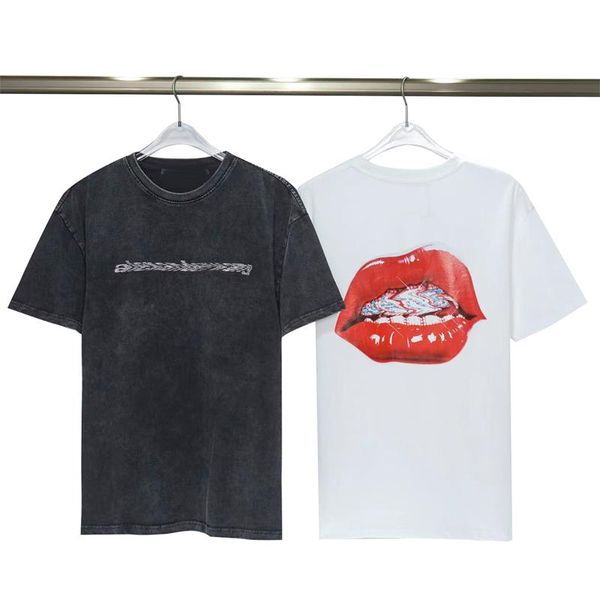 

230g high-quality double yarn pure cotton fabric letter ironing drill decorative back large red lip digital printed short sleeve t-shirt men, White;black