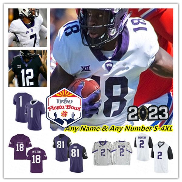 

2023 vrbo fiesta bowl tcu horned frogs college football jersey max duggan kendre miller emari demercado quentin johnston taye barber derius, Black