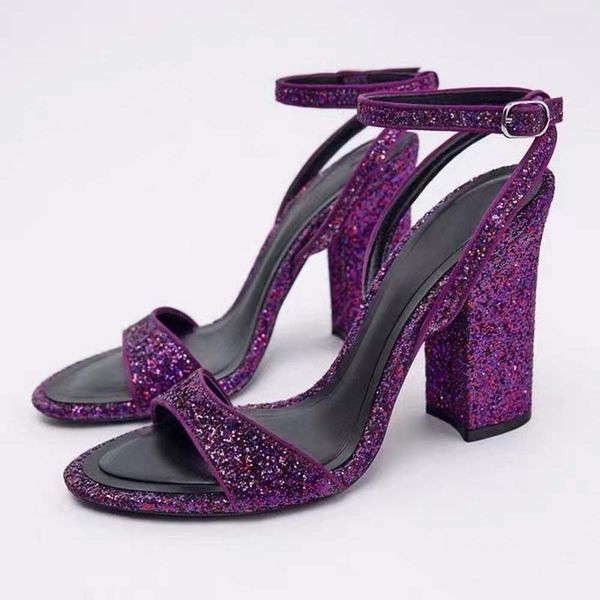 

slotted buckle open toe shoes brand designer 2023 spring new women's tricolor shining pink coarse high heel sandals, Black