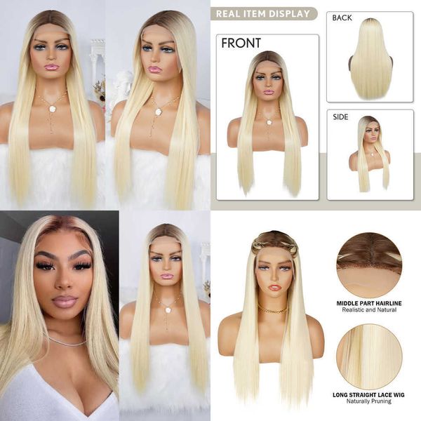 

lace wigs 613 long straight blonde brown roots halloween synthetic for women glueless ombre heat resistant fiber 221216, Black;brown