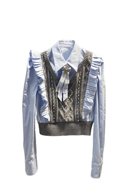 

22 new college style slim fitting woolen patchwork lapel shirt, White;black
