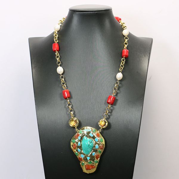 

natural white pearl red coral electroplated edged murano glass chain necklace turquoise jades paved pendant, Silver
