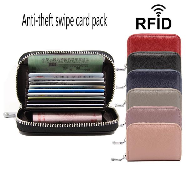 

layer cow-leather organ bag rfid anti-theft female card clip man card bag multi-function zipper pocket272j, Brown;gray