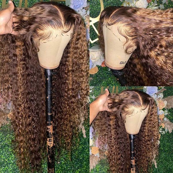 

Long Brazilian Hair Kinky Curly Lace Front Wigs Highlighted Ombre Brown full Wig Heat Resistant Fiber Natural Synthetic wig For Women, Ombre color like picture show