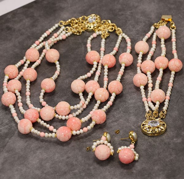 

natural white pearl pink coral carven ball beaded necklace bracelet earrings sets handmade lady gifts, Silver