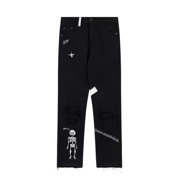

fashion brand designer pants gallxxyed skull print perforated patch pockets men's and women's jeans high street trousers, Blue