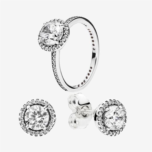 

big cz diamond wedding ring and earring set with original box for pandora 925 sterling silver women rings & stud earrings304w, Slivery;golden