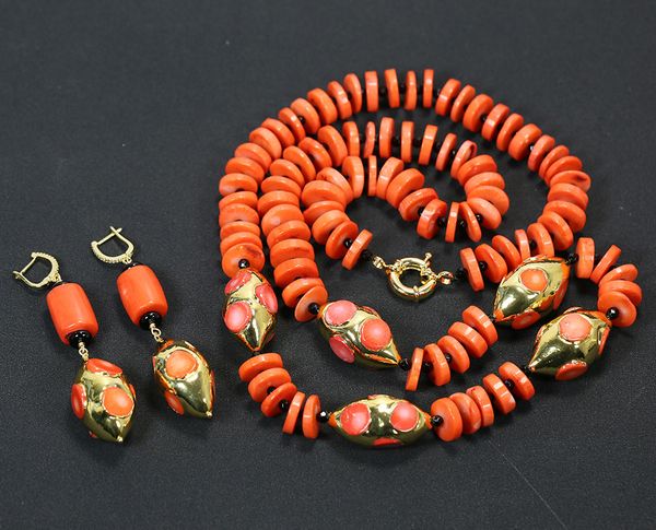 

orange coral gold plated edge beaded coral coin onyx necklace earrings sets handmade simple women gifts, Silver