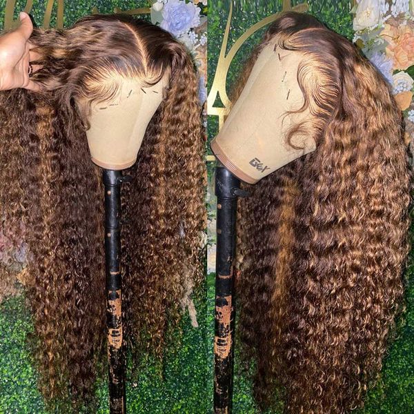 

Long #4/27 Highlight Colored Human Hair Wigs Ombre Blonde Kinky Curly Lace Front Synthetic Wig For Black Women, Highlight blonde color