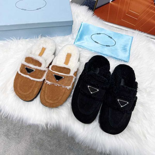 

designer woman slippers fashion luxury warm memory foam suede plush shearling lined slip on indoor outdoor clog house women sandals prada, Black