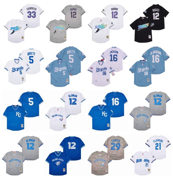 

mitchell and ness throwback devil rays wade boggs baseball jersey jose canseco royals 5 george brett 16 bo jackson blue jays 12 roberto alom, Blue;black