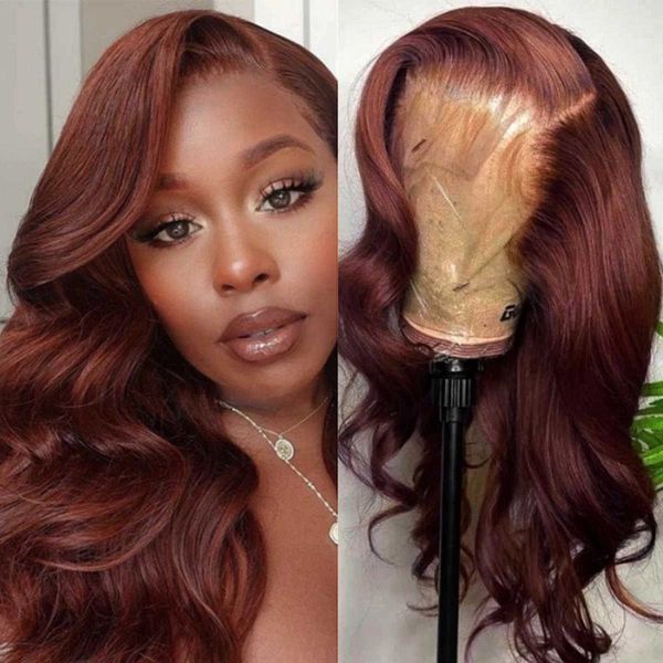 

lace wigs body wave front synthetic reddish brown for women omber red frontal pre plucked with baby hair cosplay 221216, Black;brown