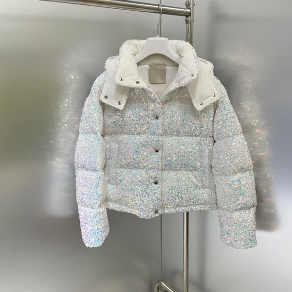 

full sequins winter down jacket women hooded parkas fashion zipper loose coat thick warm overcoat, Black