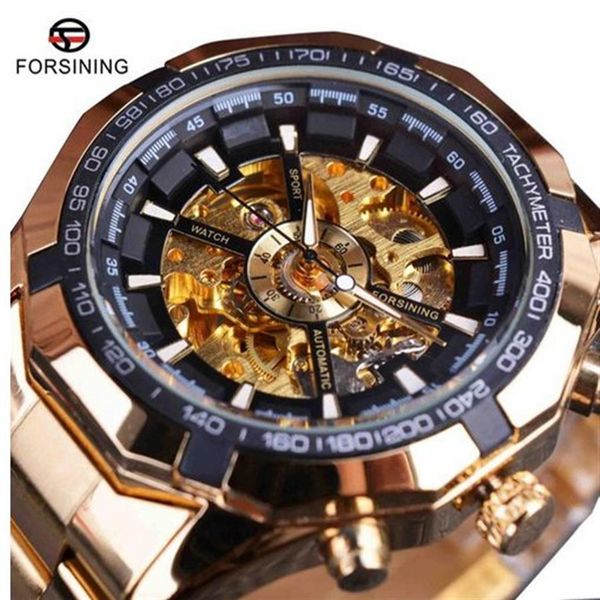 

forsining sport racing series skeleton stainless steel black golden dial brand luxury watches men automatic watch clock men255p, Slivery;brown