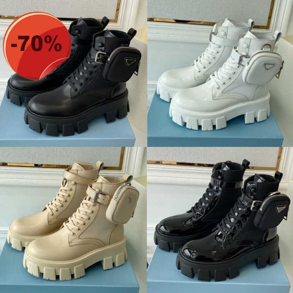 

new men designer women boots monolith shiny detachable nylon pouch combat shoes nylon hailf outdoor thick bottom mid-length boot 35-46, Black