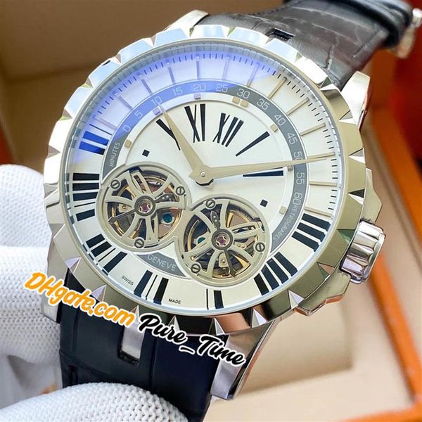 

luxury new excalibur 46 rddbex0249 double tourbillon automatic mens watch steel case white dial leather strap gents watches pure t3272, Slivery;brown
