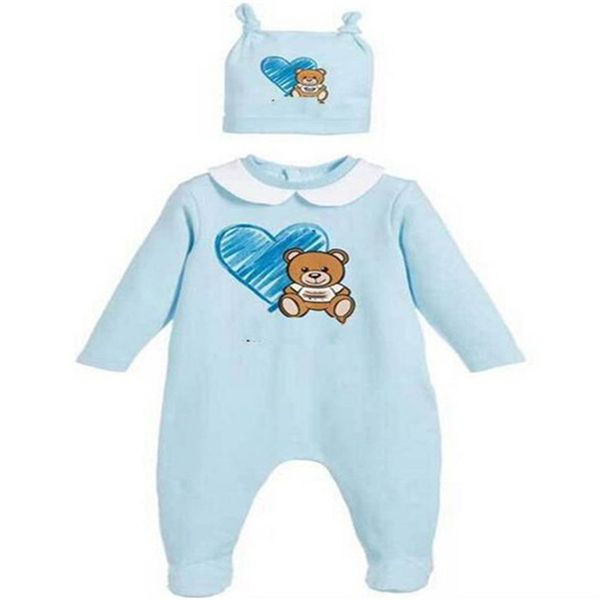 

baby romper body suits cartoon newborn boys girls one-pieces clothes solid color printed baby jumpsuits hat outfits long sleeves sleepsuits, Blue