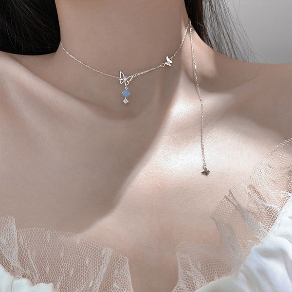 

spice girl niche design black zircon butterfly necklace female ins sweet cool style sweater fashion high-grade sense collarbone chain, Silver