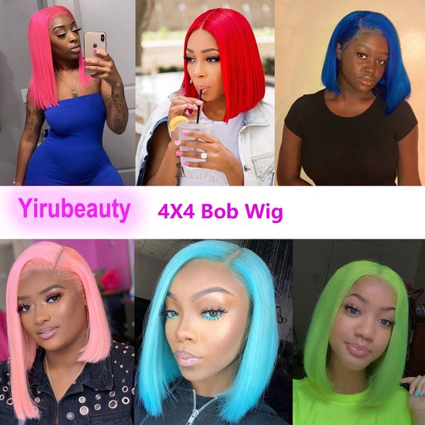 

brazilian human hair 4x4 lace bob wig silky straight red green purple color 150% density peruvian indian raw virgin hair wigs, Black;brown
