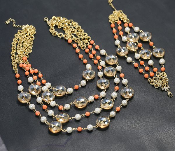 

4 rows orange coral white shell pearl yellow crystal chain necklace bracelet sets handmade for women, Silver