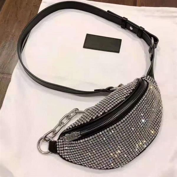 

women attica rhinestone waist bags mini fanny pack zip compartment designer lady crystal glass adjustable bike chain strap bag334h