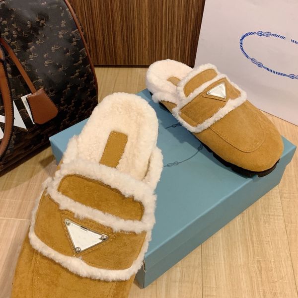 

designer woman slippers fashion luxury warm memory foam suede plush shearling lined slip on indoor outdoor clog house women sandals size 35-, Black