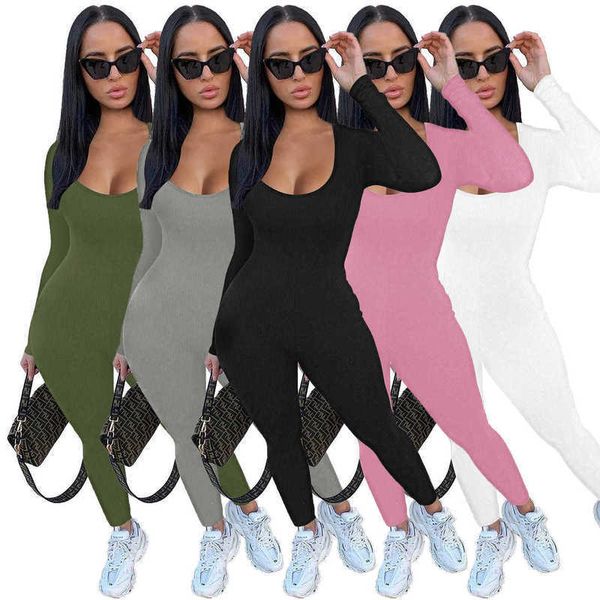 

womens jumpsuits rompers new one piece long sleeve u neck pit strip slim suit fitness lady jumpsuit, Black;white