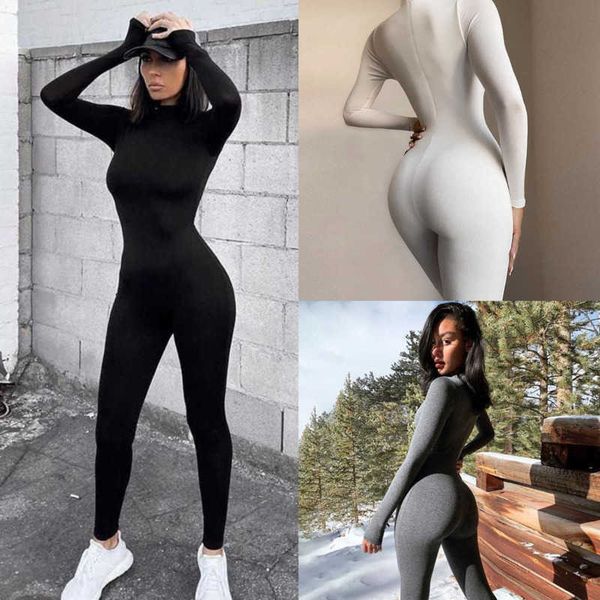 

2022 spring jumpsuits womens new long sleeve bodysuits slim high waist hip lifting sports rompers, Black;white
