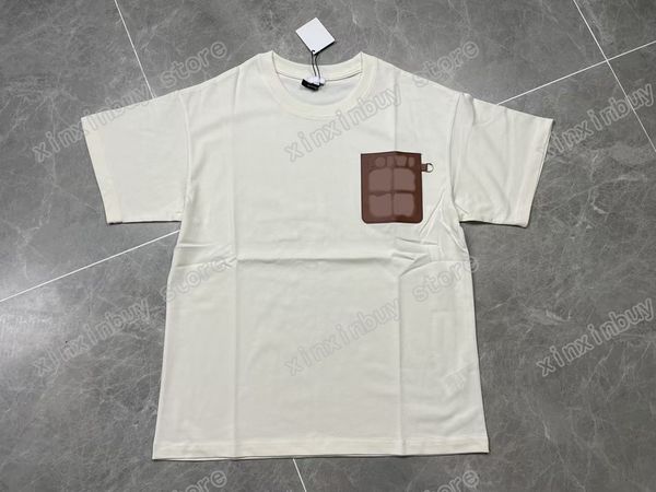 

xinxinbuy men designer tee t shirt paris leather pocket embroidery jacquard short sleeve cotton women white black gray xs-l, Black;brown