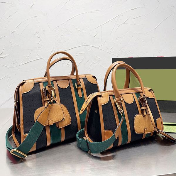 

duffle tote bag canvas handbag large capacity shopper crossbody bags genuine leather patchwork red green striped detachable id tag removable
