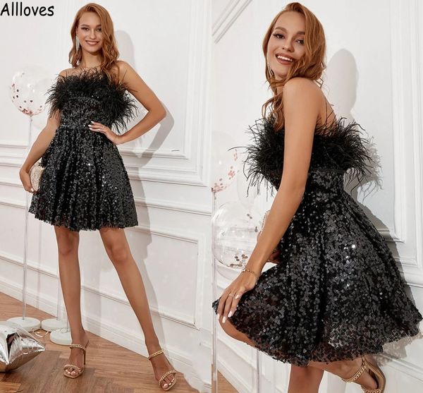 

luxury furs black sequined blingbling cocktail party dresses for women strapless backless red carpet celebrity evening gowns short mini club