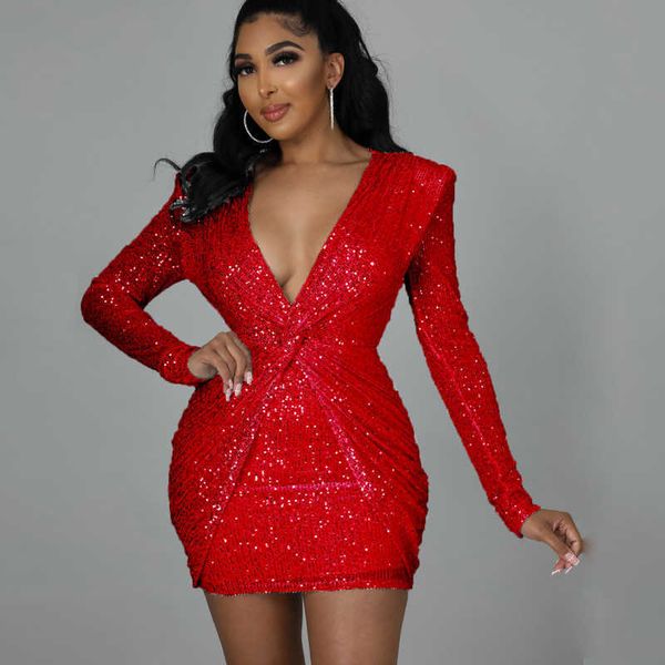 

party dresses v-neck ruched long sleeve sequin women evening club bodycon mini elegant glitter formal short 220103, White;black
