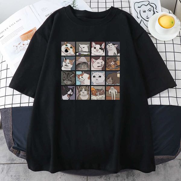 

men's t-shirts meme cats puzzle hoodie harajuku print men's t-shirt street korean street short sleeve summer cotton punk mens roc, White;black