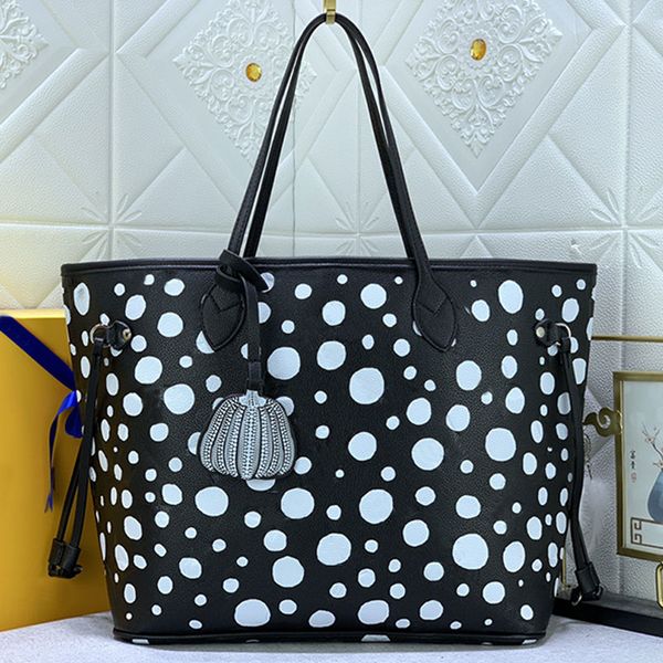 

large tote shopping bag women shoulder bags genuine leather white polka dot pattern fashion letters interior zip pocket silver hardware 32cm