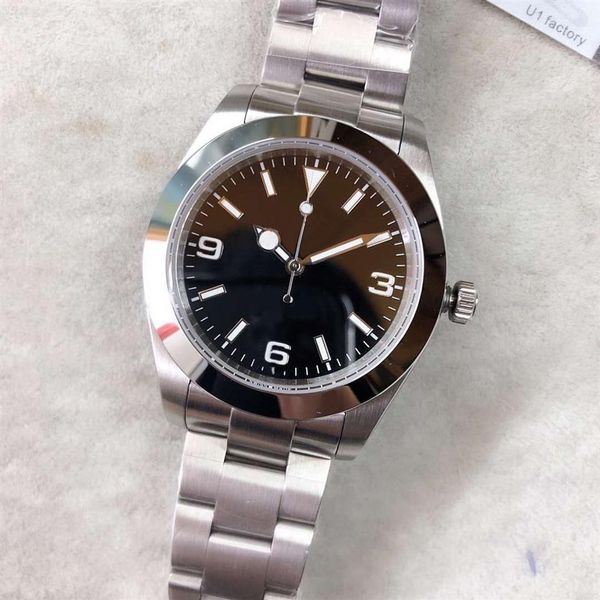 

st9 39mm automatic mechanical mens watch watches silver case black dial 369 stainless steel bezel minute markers around 214270250b, Slivery;brown