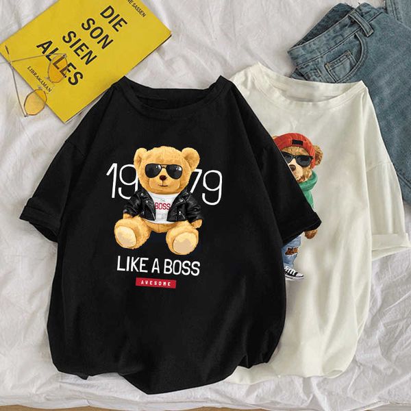

men's t-shirts funny teddy bear tshirt harajuku cartoon bear graphic women men fashion short-sleev tee breathable comfortable clothes, White;black