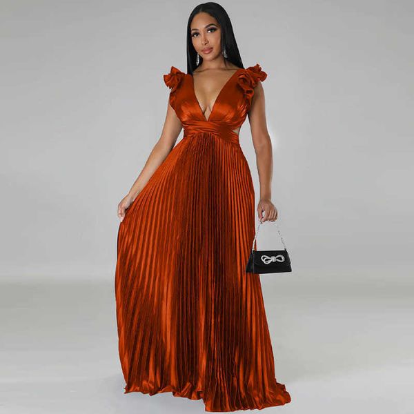 

party dresses deep v-neck backless satin pleated maxi for women elegant evening celebrity club long with ruffles sleeve 220103, White;black