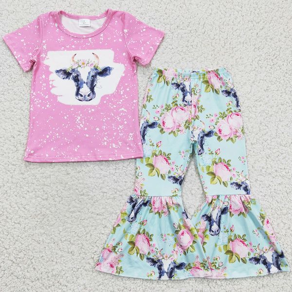 

toddler girls clothes short sleeve bell pants set cow print fashion baby girl clothes milk silk boutique kids children outfits wholesale, White