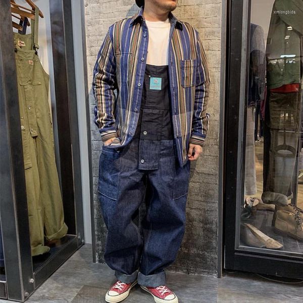 

men's pants male japan high street hip hop jumpsuit trousers overalls cargo pant men loose casual wide leg denim splice bib, Black