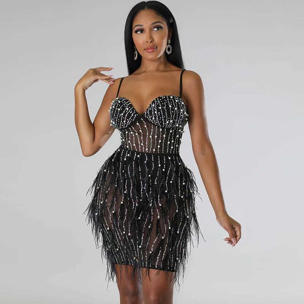 

party dresses pearls feathers rhinestone birthday for women night club sheer mesh celebrity bodycon mini vestidos 220103, White;black