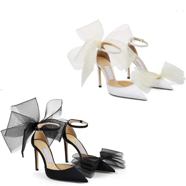 

fashion brand averly sandals leather yarn mesh bowknot pointed high heels elegant women show charm, Black