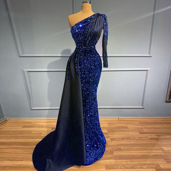 

ladies evening dress glitter sequin one shoulder long sleeve elegant formal party prom gowns mermaid 2023 specical occasion dresses, Black;red