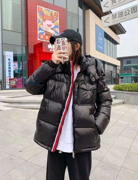 

men's down parkas men nylon down short jacket shiny laque full rib sleeve designer gentleman removed hood welt pocket zipper snap warm, Black